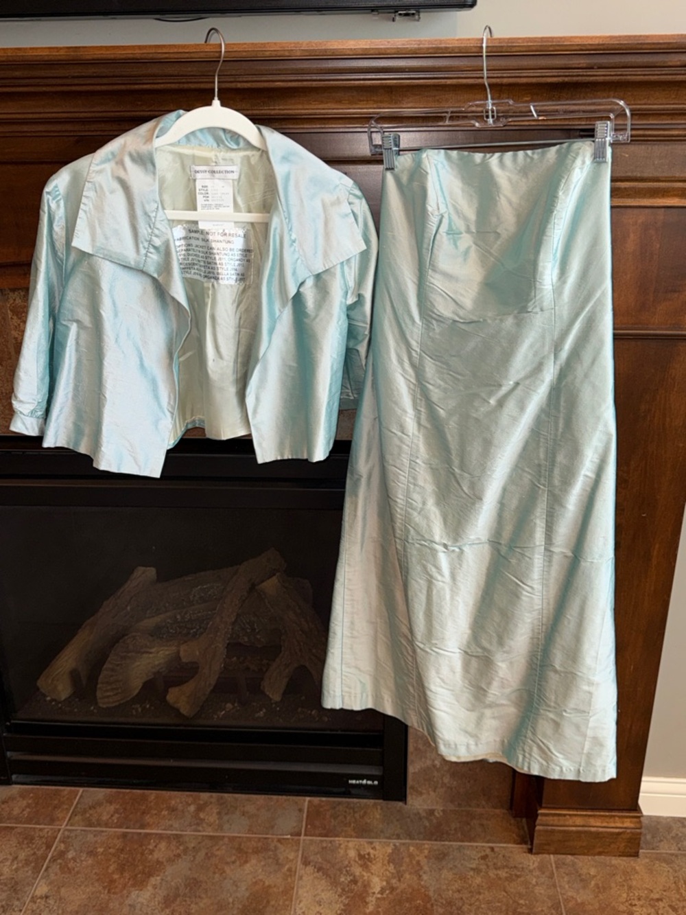 Dessy Collection light aqua silk formal strapless dress and jacket size 10 NWT